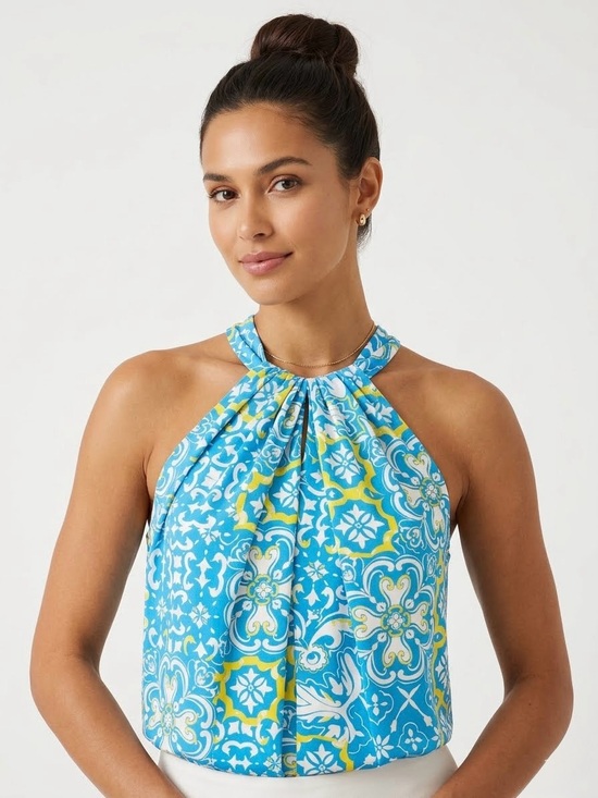 Ann Taylor Tops - Ann Taylor Blue Yellow Tile Halter Top Blouse Petite Large Amalfi Resort Cruise